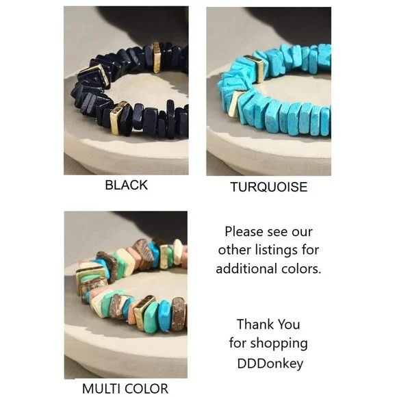 Multicolor Dyed Square Coconut Shell Stretch Bracelet w Gold Toned Metal Accents - Picture 2 of 2